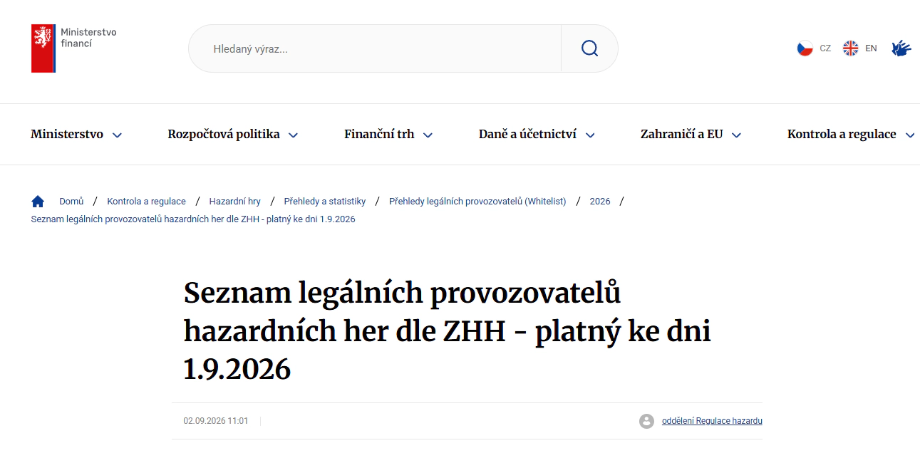 Aktuální stránka Ministerstva financí se seznamem legálních provozovatelů hazardních her platným k 1. září 2026