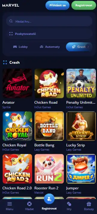 Marvel Casino otevřené v mobilním prohlížeči na české herní stránce