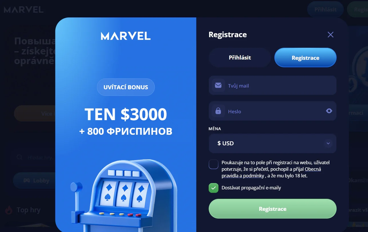 Aktuální vstupní obrazovka Marvel Casino s možnostmi registrace a přihlášení