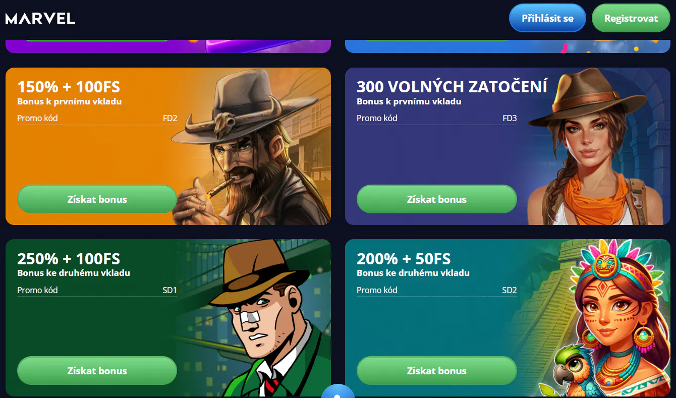 Aktuální katalog bonusů Marvel Casino s promo nabídkami a kódy