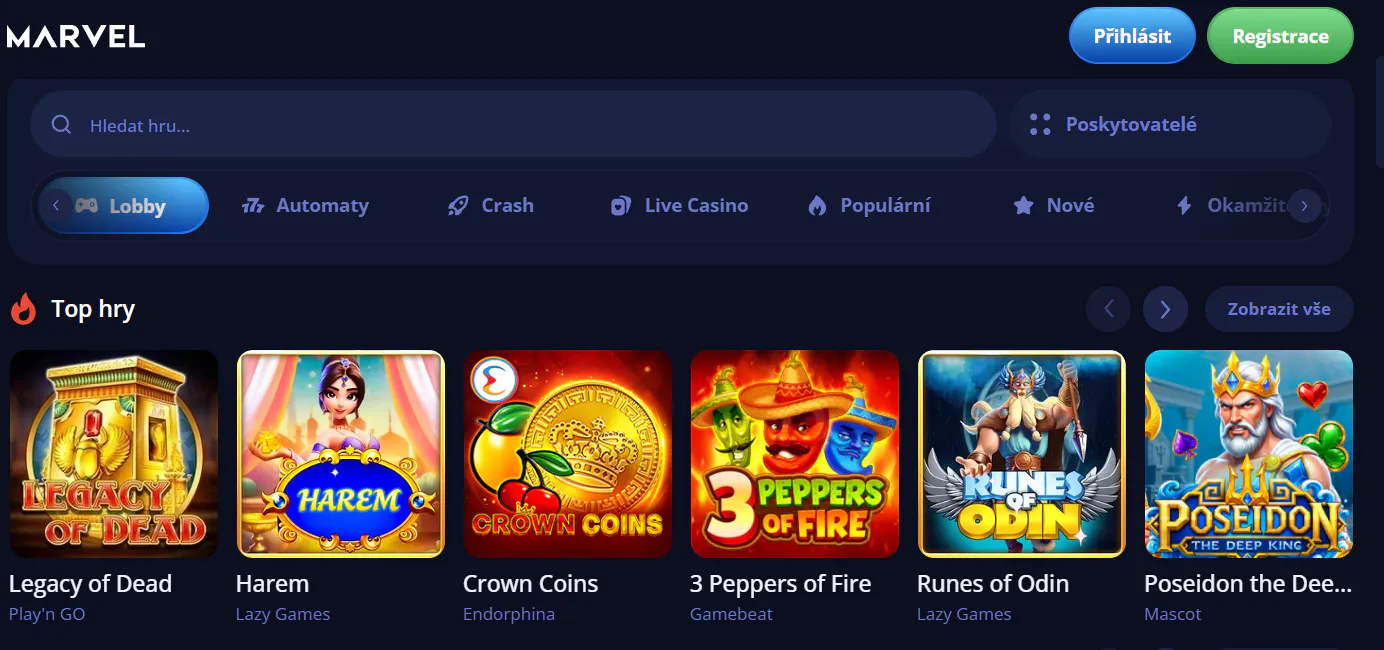 Aktuální česká stránka Marvel Casino s navigací a skutečnou identitou značky