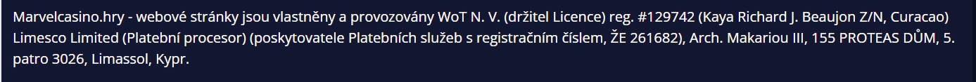 Oficiální podmínky Marvel Casino s identifikací provozovatele WoT N.V. a registračním číslem
